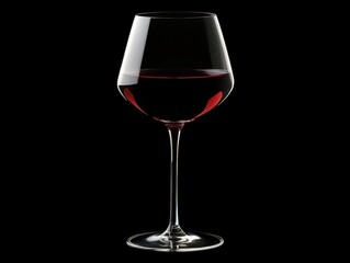 A glass of red wine, the bottom half is filled with wine and tilted to one side, bottle neck silhouette, black background Generative AI