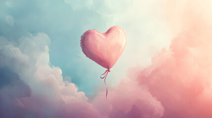 Obraz premium Red heart balloon floating against cloudy sky.