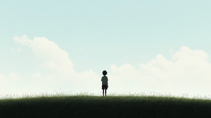 Fototapeta premium Silhouetted child standing in a grassy field, looking at a bright sky.
