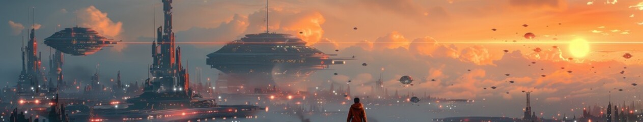 Fototapeta premium Futuristic Cityscape Sunset Flying Vehicles Advanced Architecture Sci Fi Panorama
