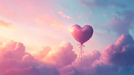 Fototapeta premium Red heart balloon floating against cloudy sky.