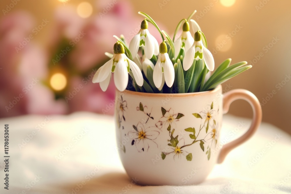 Poster a still life of flowers in a cup on a table, suitable for use as a decorative element or as a symbol