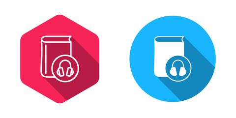 Filled and outline Audio book icon isolated with long shadow background. Book with headphones. Audio guide sign. Online learning concept. Vector