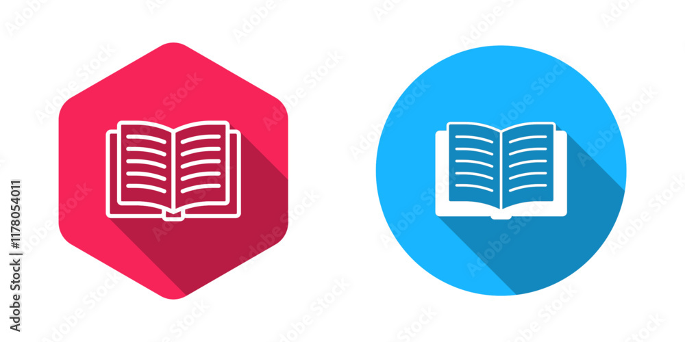 Poster filled and outline open book icon isolated with long shadow background. vector