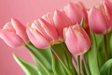 Fototapeta premium A bouquet of fresh pink tulips arranged in a decorative vase