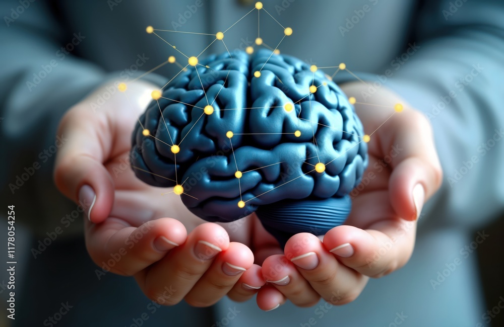 Poster Human hands hold 3d model of brain. Network of connections surrounds brain model. Image evokes concepts of artificial intelligence, information intelligence. Futuristic tech, innovation implied.