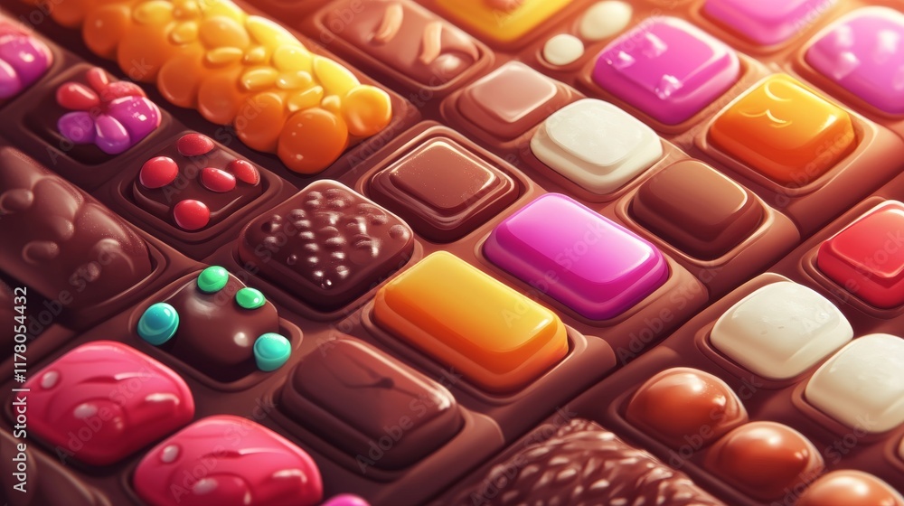 Poster glossy game buttons, boards and bars with candy and chocolate texture. vector cartoon set of sweet g