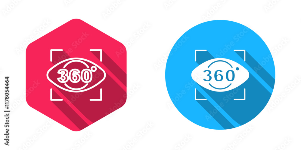 Poster filled and outline 360 degree view icon isolated with long shadow background. virtual reality. angle
