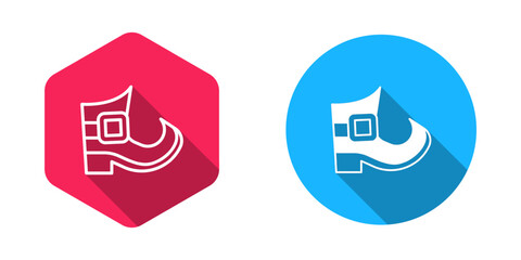 Fototapeta premium Filled and outline Leprechaun boot icon isolated with long shadow background. Happy Saint Patricks day. National Irish holiday. Vector