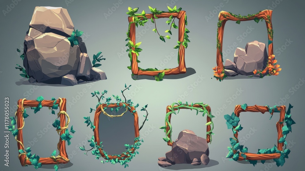 Poster stone frames for game user avatar. vector cartoon set of empty square rock boards with jungle vines 