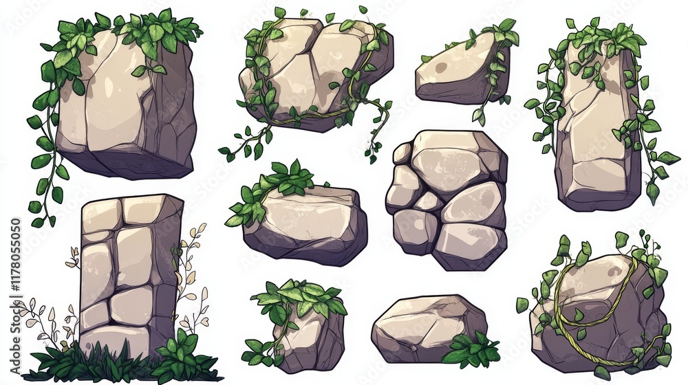 Aufkleber stone frames for game user avatar. vector cartoon set of empty square rock boards with jungle vines 