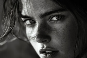 Fototapeta premium psychological black and white close-up portrait, young caucasian woman