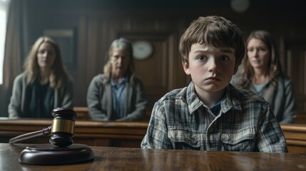 Fototapeta premium Cute child and mother at table with gavel of judge blurred in background, family law concept