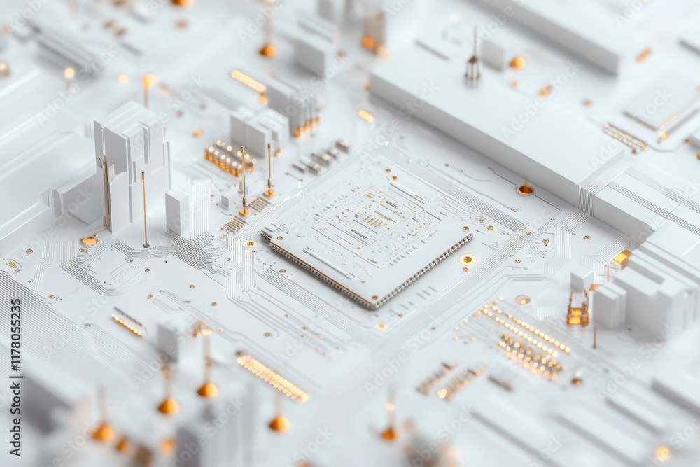 Poster close up of a semiconductor chip with detailed circuits for technology and engineering projects