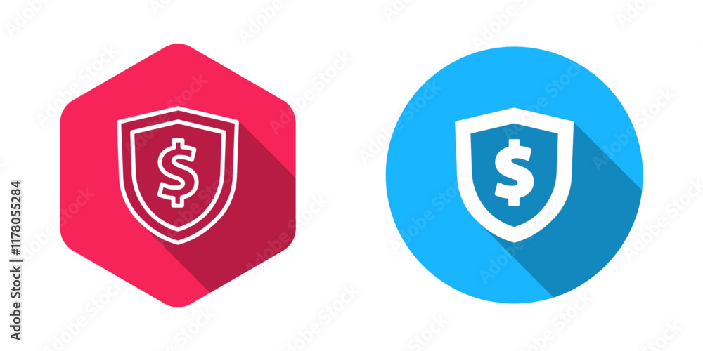 Poster filled and outline shield with dollar symbol icon isolated with long shadow background. security shi