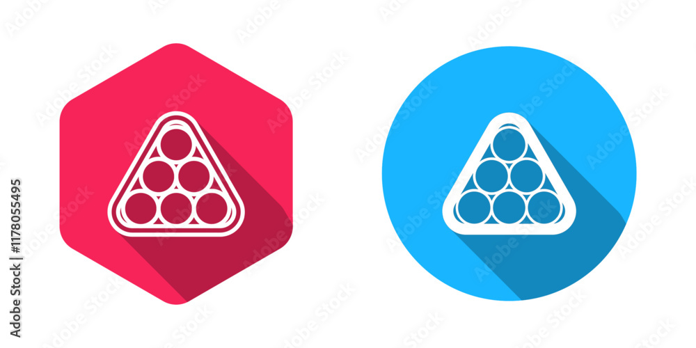 Poster filled and outline billiard balls in a rack triangle icon isolated with long shadow background. vect