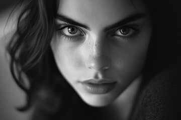 psychological black and white close-up portrait of young woman
