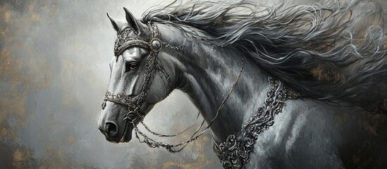 Majestic black horse with flowing mane and ornate bridle.
