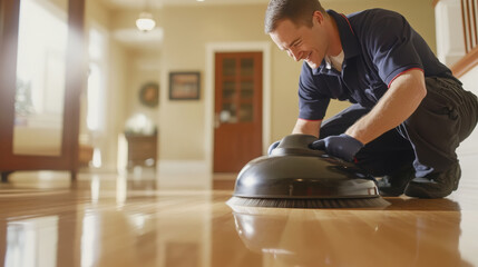 Expert cleaner polishing gleaming hardwood floors in a cozy home setting