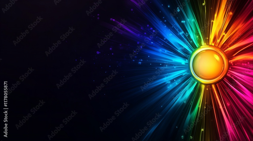 Poster vibrant rainbow burst with a glowing central orb. a captivating display of color and light.