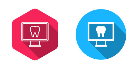 Filled and outline Online dental care icon isolated with long shadow background. Dental service information call center. Vector