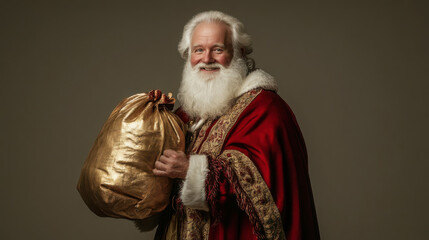 Saint nicholas in classic red attire holding gift bag for christmas celebration