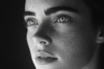 Obraz premium psychological black and white close-up portrait of young freckled woman