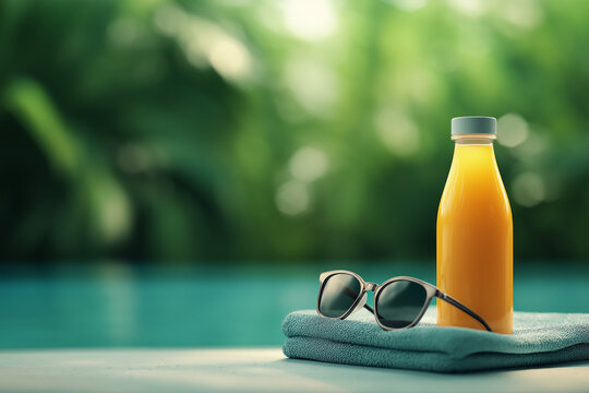 Erfrischendes Getr&auml;nk und Sonnenbrille am Poolrand im Sommer

