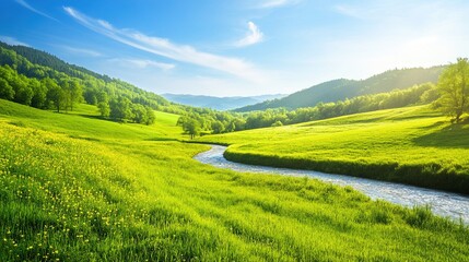 Fototapeta premium Majestic mountain valley landscape with river and green meadows.