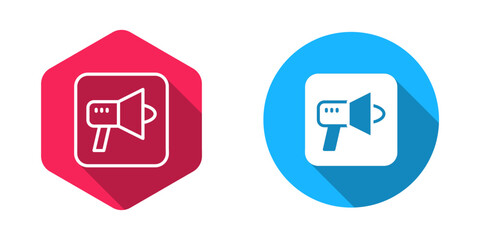 Filled and outline Megaphone icon isolated with long shadow background. Speaker sign. Vector