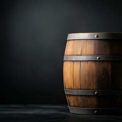 Obraz premium Robustes Holzfass mit metallenen Verstärkungen auf dunklem Hintergrund 