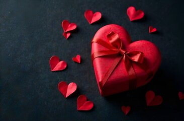 A gift in the form of a heart on a dark background, with many small paper hearts.