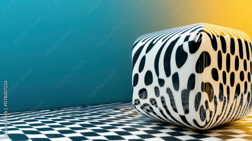 Poster abstract optical illusion cube with dynamic patterns on vibrant background