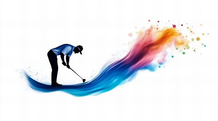 Fototapeta premium Silhouette of a male golfer in action, set against a vibrant, colorful wave. Dynamic energy and motion captured.