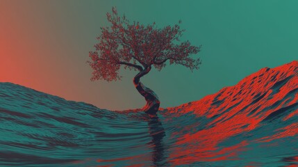 A tree in a valley with mountains in the background