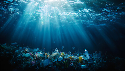 Plastic Pollution In Ocean - Underwater Shine With garbage Floating On Sea - Environmental Problem