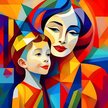 The image depicts an abstract representation of mother and child in bright colors, vibrant cubist work, abstract face illustration, version 2
