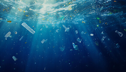 Plastic Pollution In Ocean - Underwater Shine With garbage Floating On Sea - Environmental Problem