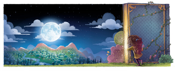 Little girl with magic book at night