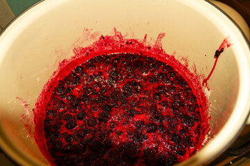 Large pot with blackberry jam boiling in it.