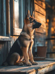German Shepherd puppy sits on porch at sunset.