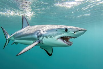 Fototapeta premium Close-up of a great white shark's mouth open in the ocean, perfect for illustrating aquatic or marine life themes