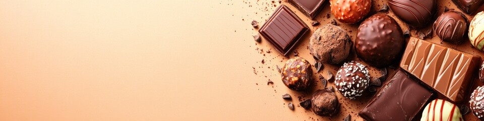 Gourmet chocolates arranged elegantly with rich brown background and ample copy space
