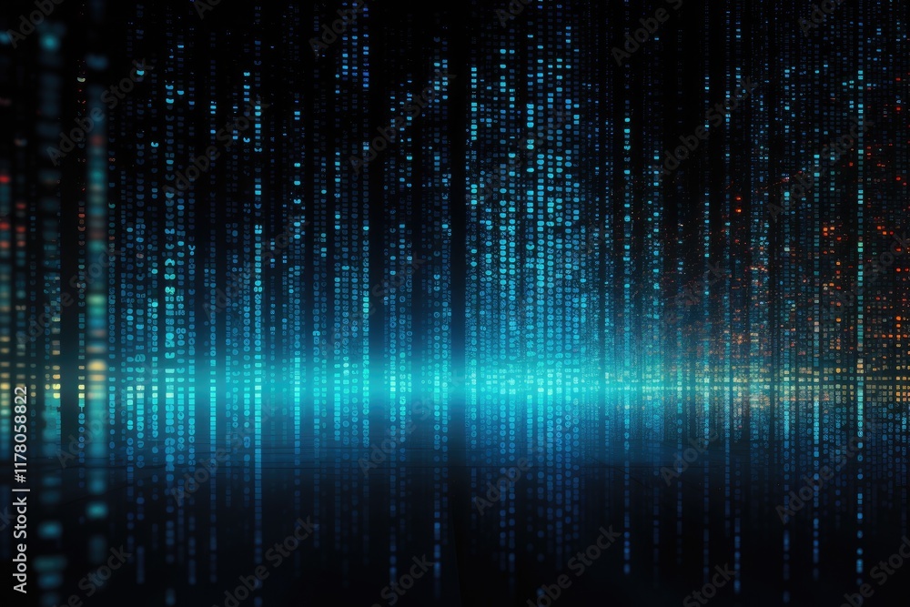 Poster binary code flowing seamlessly into a pixelated graphic landscape, creating a futuristic digital env
