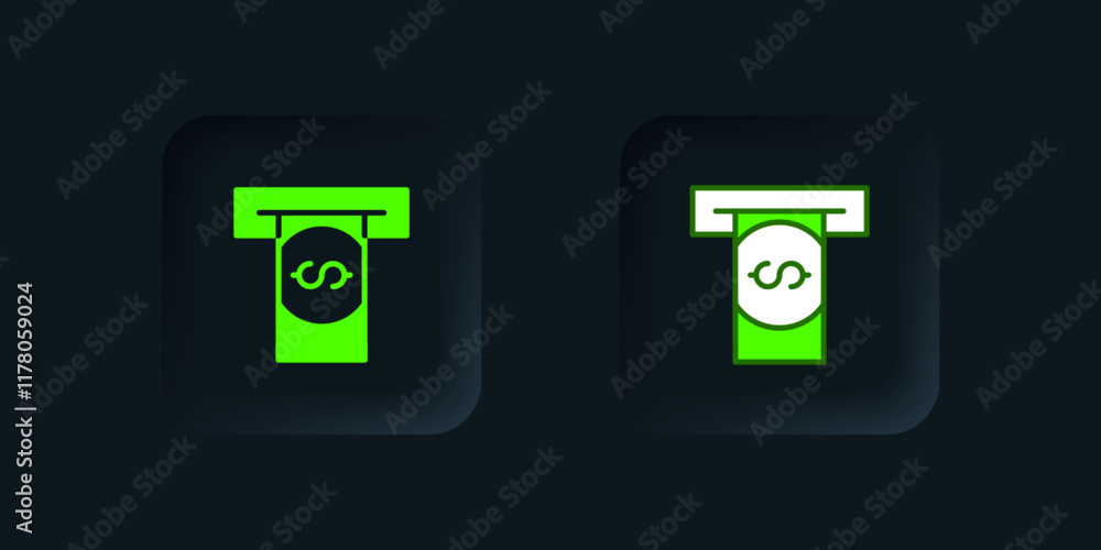 Poster green atm - automated teller machine and money icon isolated on black background. black square butto
