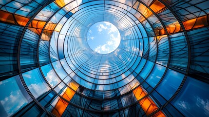 Abstract circular skyscraper atrium with sky view.