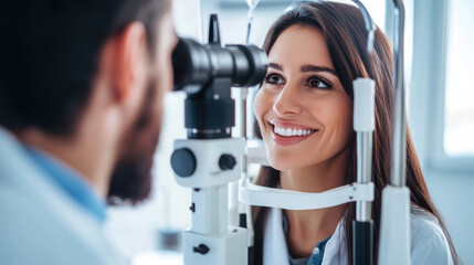 Smiling patient undergoing post-surgery eye examination for successful recovery