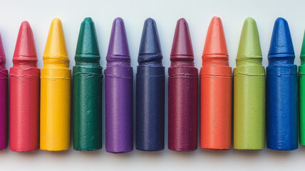 Row of colorful crayons on a white background.