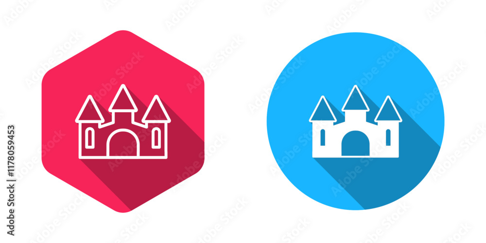 Poster filled and outline castle icon isolated with long shadow background. medieval fortress with a tower.