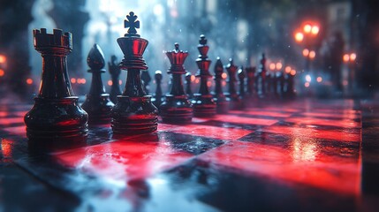 Naklejka premium Black Chess Pieces On A Red Wet Board